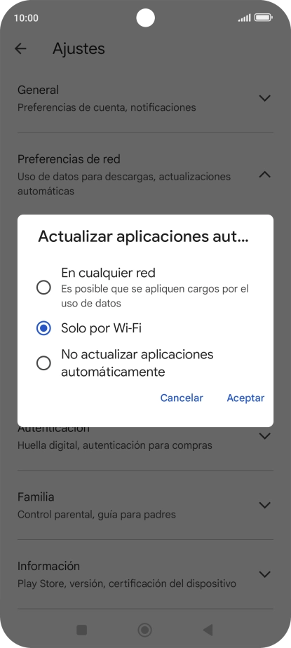 Para activar la actualización automática de apps a través de la red móvil, pulsa el campo junto a Para activar la actualización automática de apps a través de la red móvil, pulsa el campo junto a
