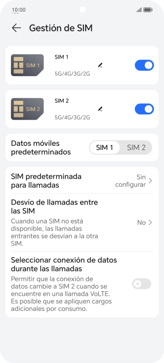 Pulsa el indicador junto a la tarjeta SIM deseada para activar o desactivar su uso. Pulsa el indicador junto a la tarjeta SIM deseada para activar o desactivar su uso.