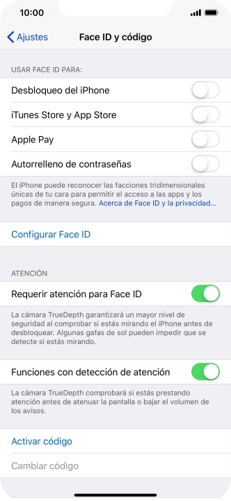Pulsa Activar código e introduce un código de seguridad de libre elección dos veces seguidas. Pulsa Activar código e introduce un código de seguridad de libre elección dos veces seguidas.