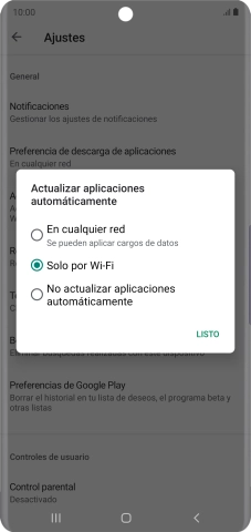Para activar la actualización automática de apps utilizando la red móvil, pulsa En cualquier red. Para activar la actualización automática de apps utilizando la red móvil, pulsa En cualquier red.