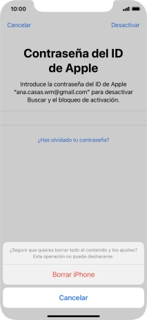 Introduce la contraseña de tu ID de Apple y pulsa Borrar iPhone. Espera unos instantes mientras el teléfono restablece la configuración predeterminada. Sigue las indicaciones de la pantalla para configurar el teléfono y dejarlo listo para su uso. Introduce la contraseña de tu ID de Apple y pulsa Borrar iPhone. Espera unos instantes mientras el teléfono restablece la configuración predeterminada. Sigue las indicaciones de la pantalla para configurar el teléfono y dejarlo listo para su uso.
