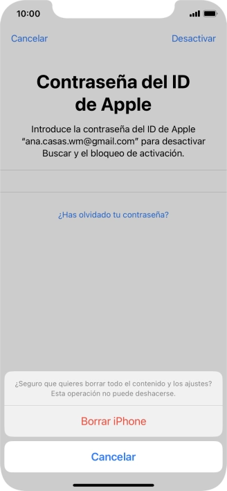 Introduce la contraseña de tu ID de Apple y pulsa Borrar iPhone. Espera unos instantes mientras el teléfono restablece la configuración predeterminada. Sigue las indicaciones de la pantalla para configurar el teléfono y dejarlo listo para su uso. Introduce la contraseña de tu ID de Apple y pulsa Borrar iPhone. Espera unos instantes mientras el teléfono restablece la configuración predeterminada. Sigue las indicaciones de la pantalla para configurar el teléfono y dejarlo listo para su uso.