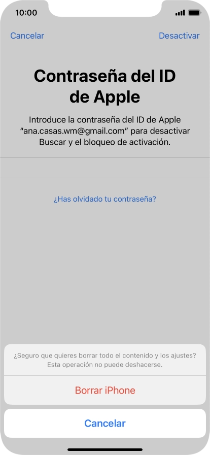 Introduce la contraseña de tu ID de Apple y pulsa Borrar iPhone. Espera unos instantes mientras el teléfono restablece la configuración predeterminada. Sigue las indicaciones de la pantalla para configurar el teléfono y dejarlo listo para su uso. Introduce la contraseña de tu ID de Apple y pulsa Borrar iPhone. Espera unos instantes mientras el teléfono restablece la configuración predeterminada. Sigue las indicaciones de la pantalla para configurar el teléfono y dejarlo listo para su uso.