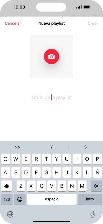 Pulsa en el campo de escritura e introduce el nombre de la lista de reproducción. Pulsa en el campo de escritura e introduce el nombre de la lista de reproducción.