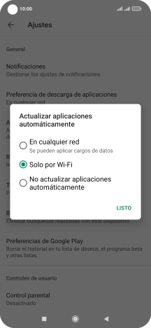 Para activar la actualización automática de apps utilizando la red móvil, pulsa En cualquier red. Para activar la actualización automática de apps utilizando la red móvil, pulsa En cualquier red.