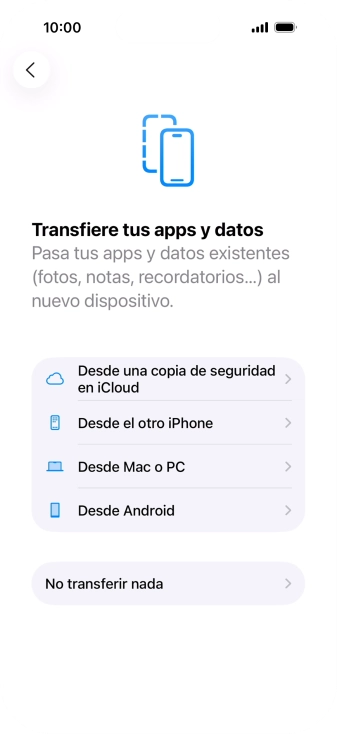 Pulsa No transferir nada y sigue las indicaciones de la pantalla para finalizar la activación del teléfono. Pulsa No transferir nada y sigue las indicaciones de la pantalla para finalizar la activación del teléfono.
