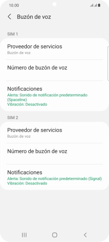 Pulsa Número de buzón de voz bajo la tarjeta SIM deseada. Pulsa Número de buzón de voz bajo la tarjeta SIM deseada.