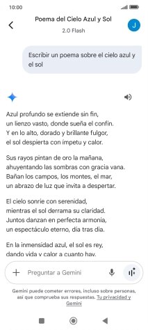 A Gemini le puedes pedir que genere un texto a partir de una descripción tuya. A Gemini le puedes pedir que genere un texto a partir de una descripción tuya.
