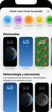 Pulsa una categoría y sigue las indicaciones de la pantalla para seleccionar la imagen de fondo deseada. Pulsa una categoría y sigue las indicaciones de la pantalla para seleccionar la imagen de fondo deseada.
