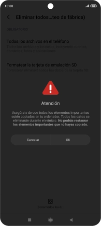 Pulsa OK. Espera unos instantes mientras el teléfono restablece la configuración predeterminada. Sigue las indicaciones de la pantalla para configurar el teléfono y dejarlo listo para su uso. Pulsa OK. Espera unos instantes mientras el teléfono restablece la configuración predeterminada. Sigue las indicaciones de la pantalla para configurar el teléfono y dejarlo listo para su uso.