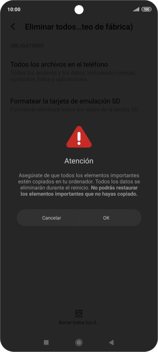 Pulsa OK. Espera unos instantes mientras el teléfono restablece la configuración predeterminada. Sigue las indicaciones de la pantalla para configurar el teléfono y dejarlo listo para su uso. Pulsa OK. Espera unos instantes mientras el teléfono restablece la configuración predeterminada. Sigue las indicaciones de la pantalla para configurar el teléfono y dejarlo listo para su uso.