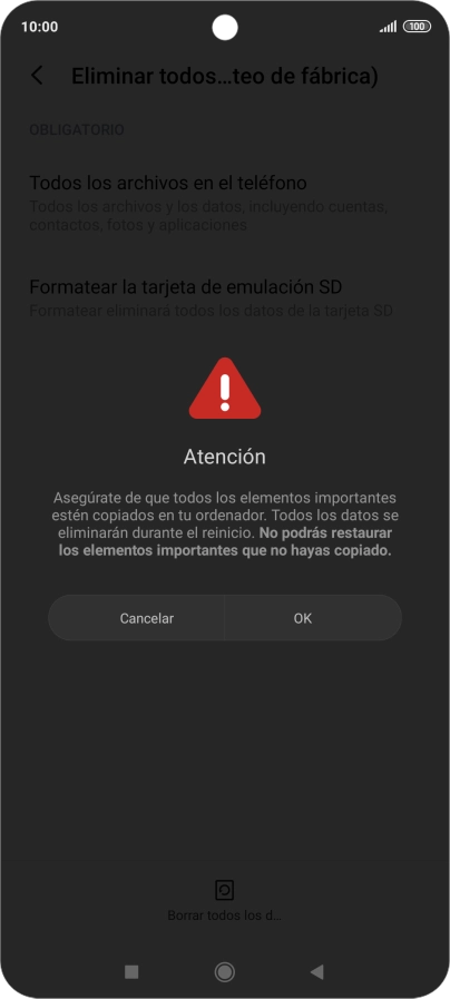 Pulsa OK. Espera unos instantes mientras el teléfono restablece la configuración predeterminada. Sigue las indicaciones de la pantalla para configurar el teléfono y dejarlo listo para su uso. Pulsa OK. Espera unos instantes mientras el teléfono restablece la configuración predeterminada. Sigue las indicaciones de la pantalla para configurar el teléfono y dejarlo listo para su uso.