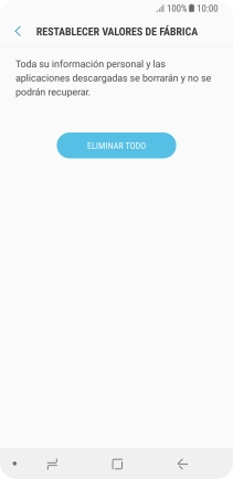Pulsa ELIMINAR TODO. Espera unos instantes mientras el teléfono restablece la configuración predeterminada. Sigue las indicaciones de la pantalla para configurar el teléfono y dejarlo listo para su uso. Pulsa ELIMINAR TODO. Espera unos instantes mientras el teléfono restablece la configuración predeterminada. Sigue las indicaciones de la pantalla para configurar el teléfono y dejarlo listo para su uso.