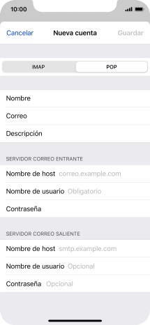 Pulsa Nombre de host e introduce el nombre del servidor de correo de entrada de tu proveedor de correo electrónico. Pulsa Nombre de host e introduce el nombre del servidor de correo de entrada de tu proveedor de correo electrónico.