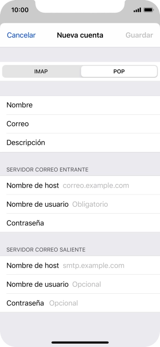 Pulsa Nombre de host e introduce el nombre del servidor de correo de entrada de tu proveedor de correo electrónico. Pulsa Nombre de host e introduce el nombre del servidor de correo de entrada de tu proveedor de correo electrónico.