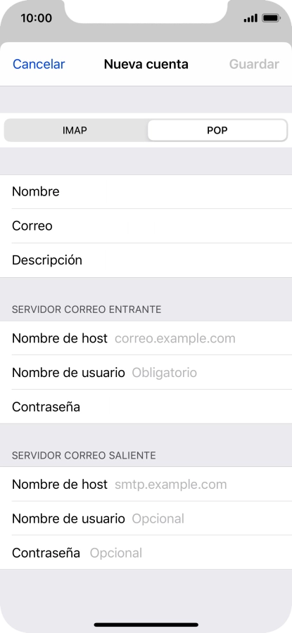 Pulsa Nombre de host e introduce el nombre del servidor de correo de entrada de tu proveedor de correo electrónico. Pulsa Nombre de host e introduce el nombre del servidor de correo de entrada de tu proveedor de correo electrónico.