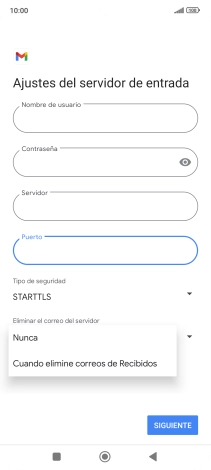Pulsa Nunca para conservar los correos electrónicos en el servidor cuando los borras del teléfono. Pulsa Nunca para conservar los correos electrónicos en el servidor cuando los borras del teléfono.