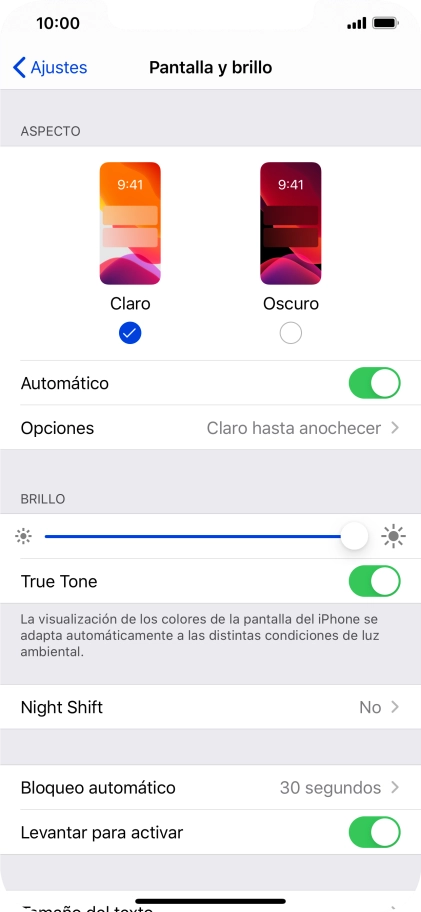 Si activas la función, pulsa Opciones y sigue las indicaciones de la pantalla para seleccionar el período de tiempo que debe durar el Modo Oscuro. Si activas la función, pulsa Opciones y sigue las indicaciones de la pantalla para seleccionar el período de tiempo que debe durar el Modo Oscuro.