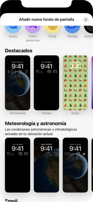 Pulsa una categoría y sigue las indicaciones de la pantalla para seleccionar la imagen de fondo deseada. Pulsa una categoría y sigue las indicaciones de la pantalla para seleccionar la imagen de fondo deseada.