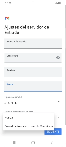 Pulsa Nunca para conservar los correos electrónicos en el servidor cuando los borras del teléfono. Pulsa Nunca para conservar los correos electrónicos en el servidor cuando los borras del teléfono.