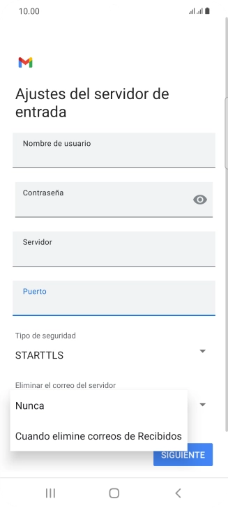 Pulsa Nunca para conservar los correos electrónicos en el servidor cuando los borras del teléfono. Pulsa Nunca para conservar los correos electrónicos en el servidor cuando los borras del teléfono.