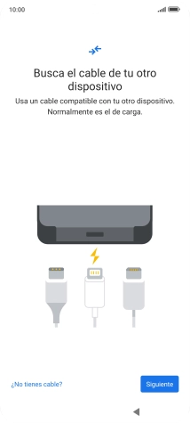 Si tienes un cable que pueda conectar ambos teléfonos, inserta el cable y sigue las instrucciones de la pantalla para transferir contenido a tu teléfono. Si no tienes un cable, pulsa ¿No tienes cable?.