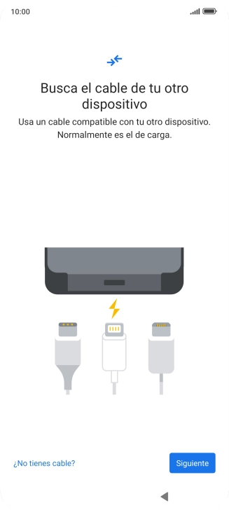 Si tienes un cable que pueda conectar ambos teléfonos, inserta el cable y sigue las instrucciones de la pantalla para transferir contenido a tu teléfono. Si no tienes un cable, pulsa ¿No tienes cable?.