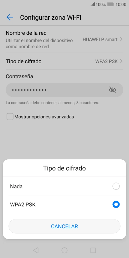 Pulsa WPA2 PSK para proteger la conexión wifi con una contraseña.