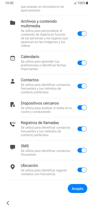 Pulsa la opción deseada para transferir contenido desde otro dispositivo y pulsa Acepto. Pulsa la opción deseada para transferir contenido desde otro dispositivo y pulsa Acepto.