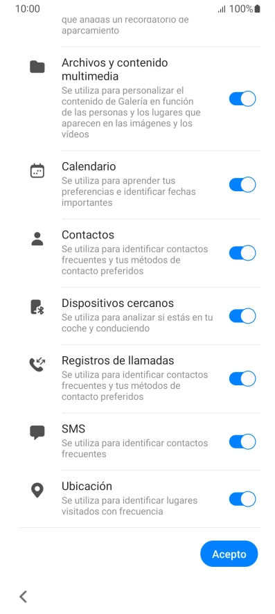 Pulsa la opción deseada para transferir contenido desde otro dispositivo y pulsa Acepto. Pulsa la opción deseada para transferir contenido desde otro dispositivo y pulsa Acepto.