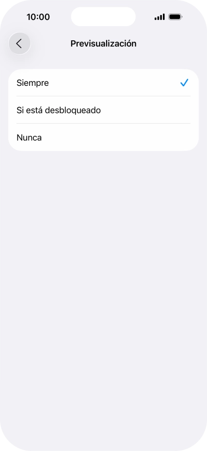 Para seleccionar la vista previa de las notificaciones en la pantalla de bloqueo, pulsa Siempre. Para seleccionar la vista previa de las notificaciones en la pantalla de bloqueo, pulsa Siempre.