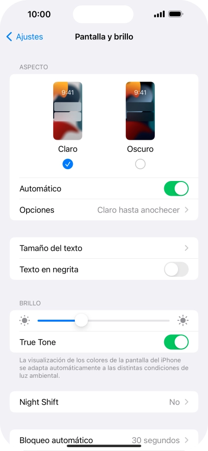Si activas la función, pulsa Opciones y sigue las indicaciones de la pantalla para seleccionar el período de tiempo que debe durar el Modo Oscuro. Si activas la función, pulsa Opciones y sigue las indicaciones de la pantalla para seleccionar el período de tiempo que debe durar el Modo Oscuro.