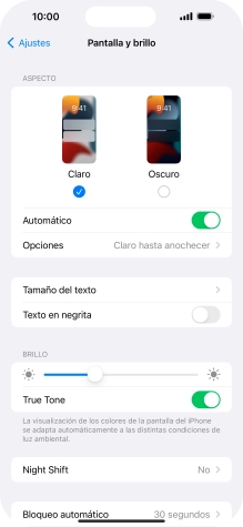 Si activas la función, pulsa Opciones y sigue las indicaciones de la pantalla para seleccionar el período de tiempo que debe durar el Modo Oscuro. Si activas la función, pulsa Opciones y sigue las indicaciones de la pantalla para seleccionar el período de tiempo que debe durar el Modo Oscuro.