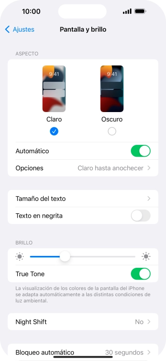Si activas la función, pulsa Opciones y sigue las indicaciones de la pantalla para seleccionar el período de tiempo que debe durar el Modo Oscuro. Si activas la función, pulsa Opciones y sigue las indicaciones de la pantalla para seleccionar el período de tiempo que debe durar el Modo Oscuro.