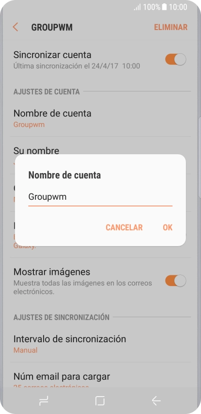 Introduce el nombre deseado de la cuenta de correo electrónico y pulsa OK. Introduce el nombre deseado de la cuenta de correo electrónico y pulsa OK.