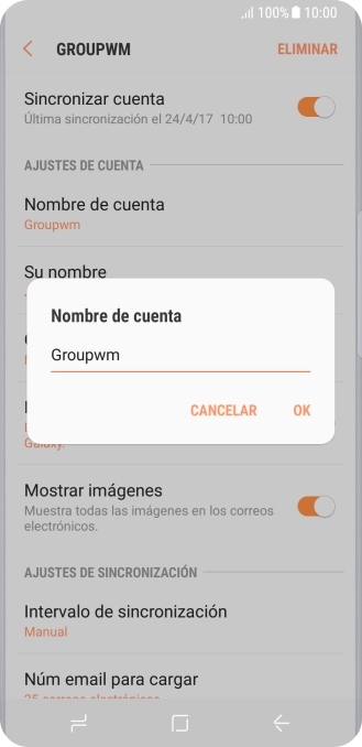 Introduce el nombre deseado de la cuenta de correo electrónico y pulsa OK. Introduce el nombre deseado de la cuenta de correo electrónico y pulsa OK.