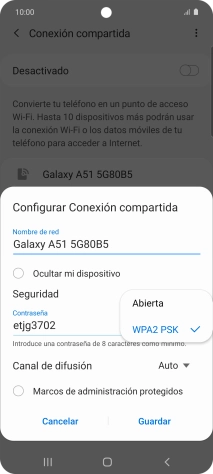 Pulsa WPA2 PSK para proteger la conexión wifi con una contraseña. Pulsa WPA2 PSK para proteger la conexión wifi con una contraseña.