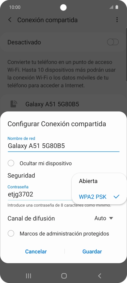 Pulsa WPA2 PSK para proteger la conexión wifi con una contraseña. Pulsa WPA2 PSK para proteger la conexión wifi con una contraseña.
