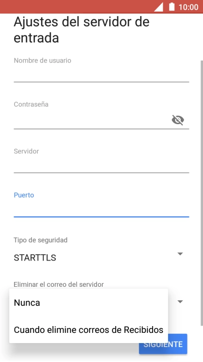 Pulsa Nunca para conservar los correos electrónicos en el servidor cuando los borras del teléfono. Pulsa Nunca para conservar los correos electrónicos en el servidor cuando los borras del teléfono.