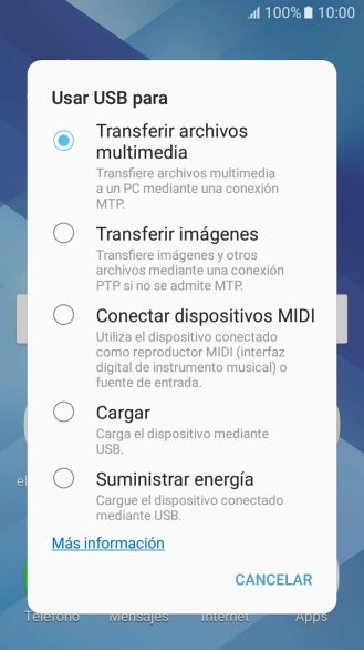 Pulsa Transferir archivos multimedia para activar la función. Pulsa Transferir archivos multimedia para activar la función.