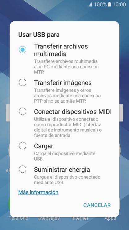 Pulsa Transferir archivos multimedia para activar la función. Pulsa Transferir archivos multimedia para activar la función.