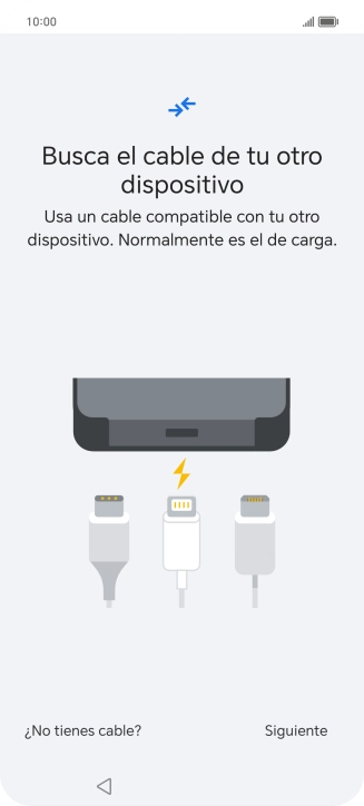 Si tienes un cable que pueda conectar ambos teléfonos, inserta el cable y sigue las instrucciones de la pantalla para transferir contenido a tu teléfono. Si no tienes un cable, pulsa ¿No tienes cable?. Si tienes un cable que pueda conectar ambos teléfonos, inserta el cable y sigue las instrucciones de la pantalla para transferir contenido a tu teléfono. Si no tienes un cable, pulsa ¿No tienes cable?.