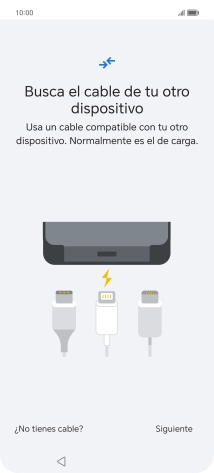 Si tienes un cable que pueda conectar ambos teléfonos, inserta el cable y sigue las instrucciones de la pantalla para transferir contenido a tu teléfono. Si no tienes un cable, pulsa ¿No tienes cable?. Si tienes un cable que pueda conectar ambos teléfonos, inserta el cable y sigue las instrucciones de la pantalla para transferir contenido a tu teléfono. Si no tienes un cable, pulsa ¿No tienes cable?.