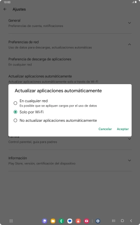 Para activar la actualización automática de apps utilizando la red móvil, pulsa En cualquier red. Para activar la actualización automática de apps utilizando la red móvil, pulsa En cualquier red.