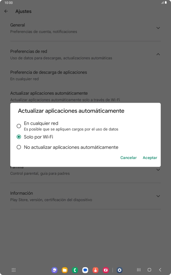 Para activar la actualización automática de apps utilizando la red móvil, pulsa En cualquier red. Para activar la actualización automática de apps utilizando la red móvil, pulsa En cualquier red.