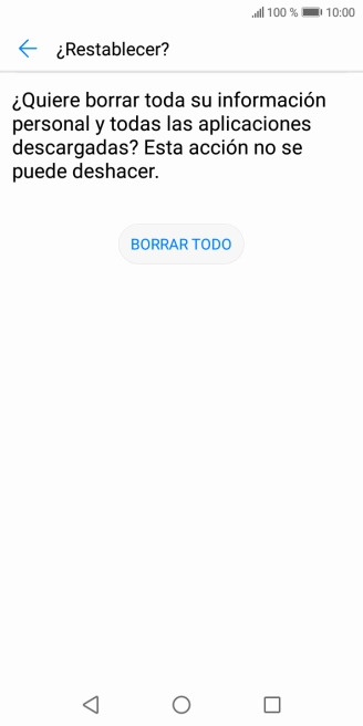 Pulsa BORRAR TODO. Espera unos instantes mientras el teléfono restablece la configuración predeterminada. Sigue las indicaciones de la pantalla para configurar el teléfono y dejarlo listo para su uso.
