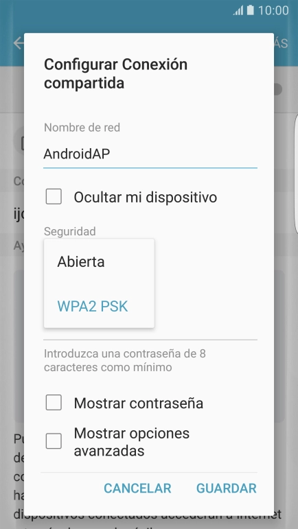 Pulsa WPA2 PSK para proteger la conexión wifi con una contraseña. Pulsa WPA2 PSK para proteger la conexión wifi con una contraseña.