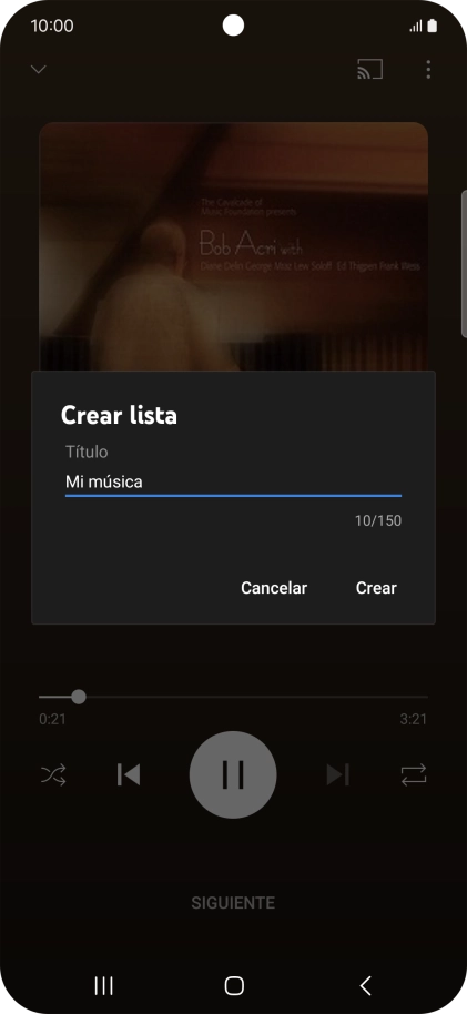 Introduce el nombre deseado de la lista de reproducción y pulsa Crear. Introduce el nombre deseado de la lista de reproducción y pulsa Crear.