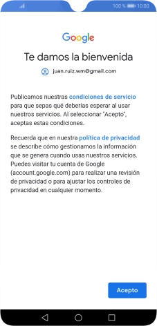 Pulsa Acepto y sigue las indicaciones de la pantalla para seleccionar los ajustes de tu cuenta de Google. Pulsa Acepto y sigue las indicaciones de la pantalla para seleccionar los ajustes de tu cuenta de Google.