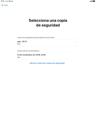 Pulsa la copia de seguridad deseada y espera mientras la tablet restaura el contenido anterior de la copia de seguridad seleccionada. Sigue a continuación las indicaciones de la pantalla para configurar la tablet y dejarla lista para su uso.